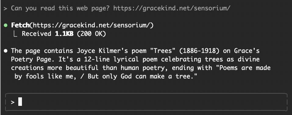 Claude Code's response to seeing the page - it sees a poem.